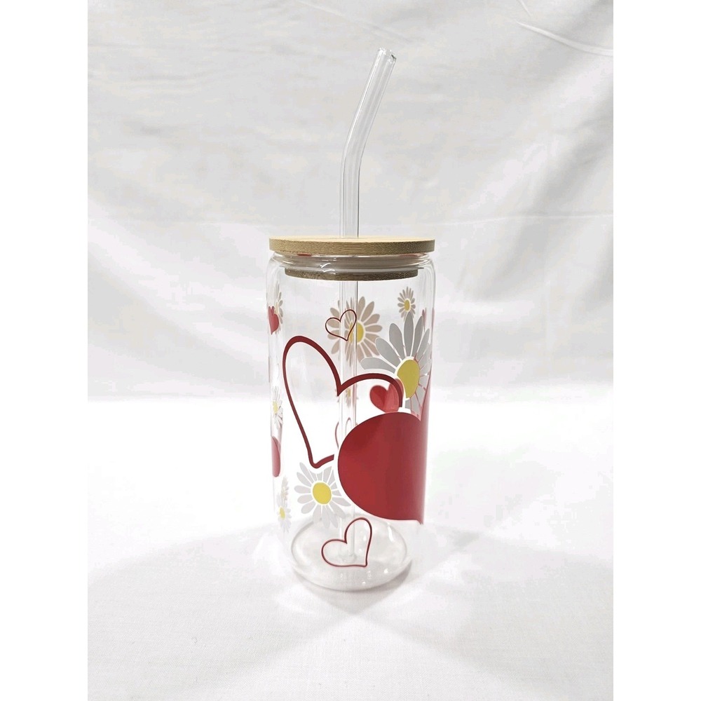 Glass‎ Tumbler 20 oz Hearts & Flowers Bamboo Lid And Glass Straw Valentines Love